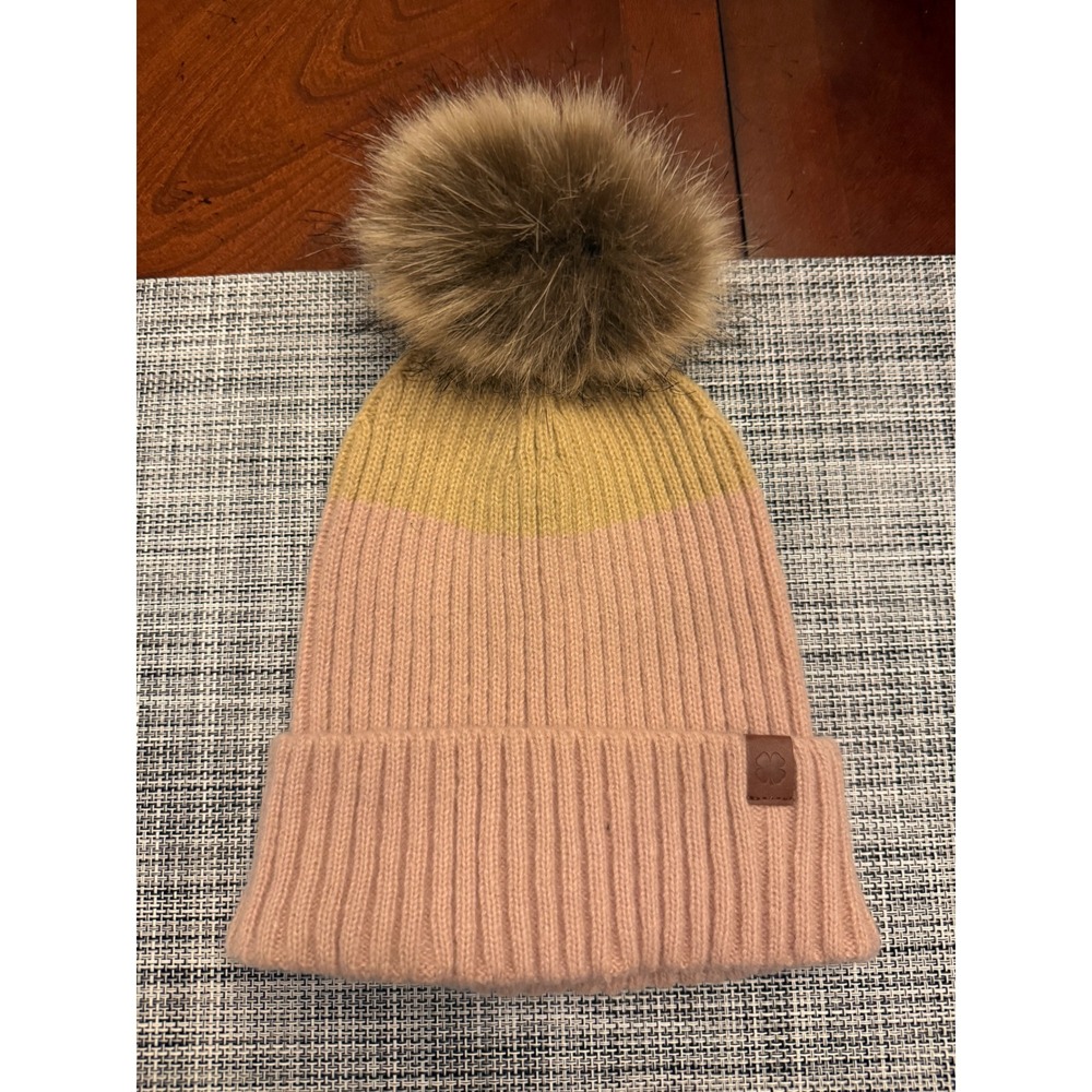 Lucky Brand Womens Pink Yellow Colorblock Faux Fur Pom Ribbed Knit Beanie Hat